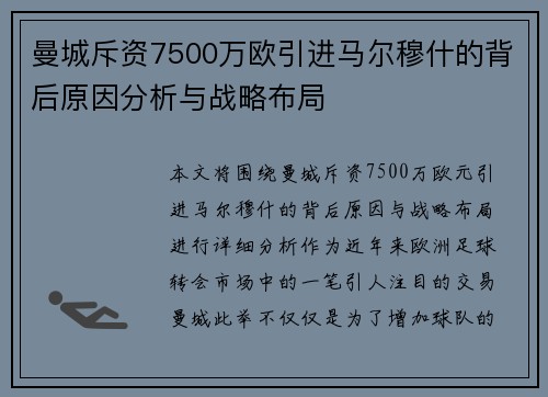 曼城斥资7500万欧引进马尔穆什的背后原因分析与战略布局