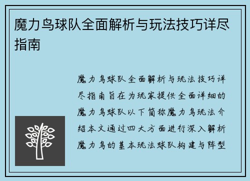 魔力鸟球队全面解析与玩法技巧详尽指南